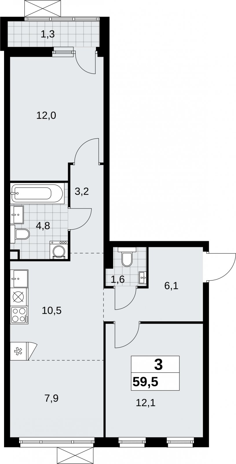 3-комнатная квартира (евро) без отделки, 59.5 м2, 2 этаж, сдача 2 квартал 2026 г., ЖК Дзен-кварталы, корпус 6.1.1 - объявление 2327077 - фото №1