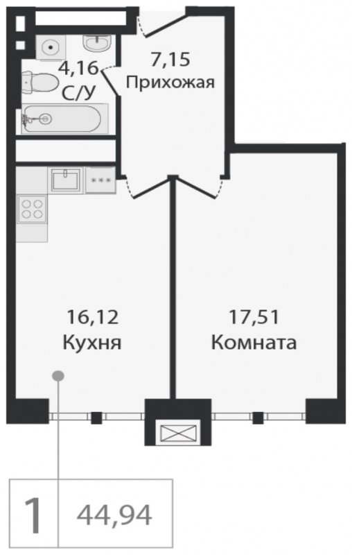 1-комнатная квартира без отделки, 44.94 м2, 16 этаж, сдача 2 квартал 2023 г., ЖК Dream Towers, корпус 1 - объявление 1800572 - фото №1
