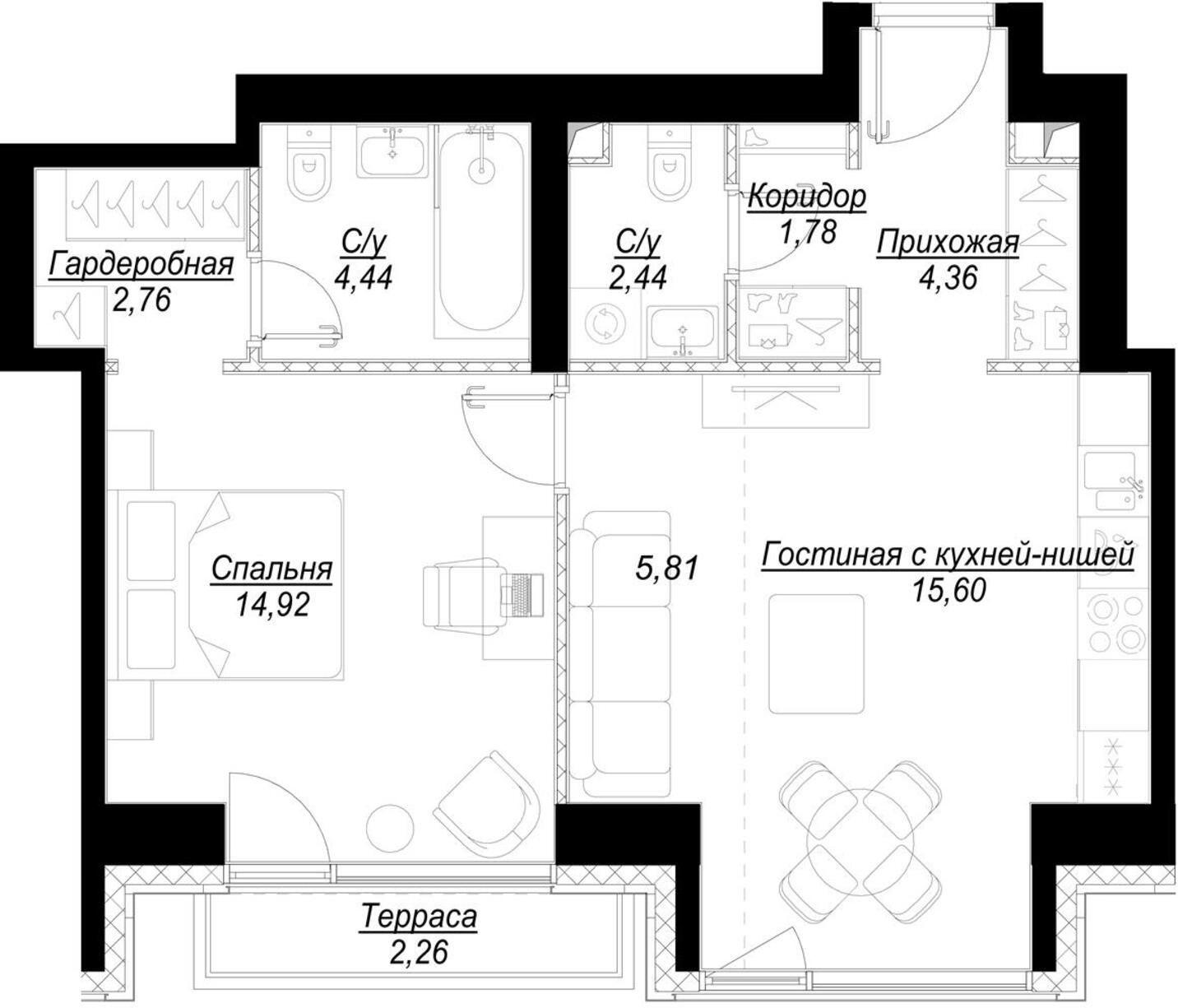 1-комнатная квартира с частичной отделкой, 52.8 м2, 16 этаж, дом сдан, ЖК Hide, корпус RiverSide - объявление 2192226 - фото №1