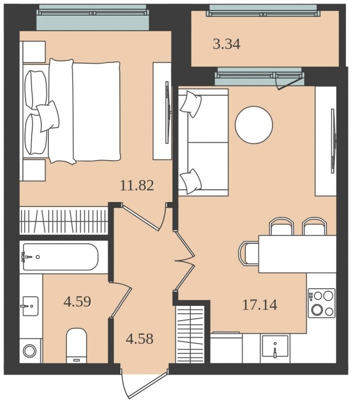 1-комнатная квартира без отделки, 39.8 м2, 1 этаж, сдача 1 квартал 2024 г., ЖК Мишино-2, корпус 9 - объявление 1812113 - фото №1