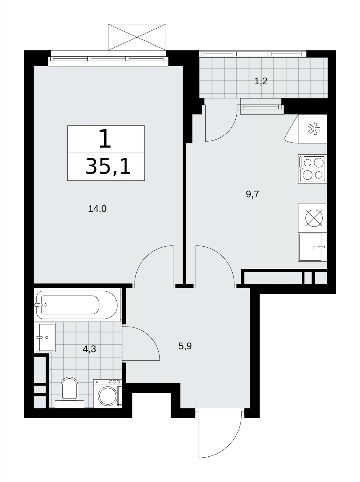 1-комнатная квартира без отделки, 35.1 м2, 14 этаж, сдача 4 квартал 2025 г., ЖК Прокшино, корпус 11.1.4 - объявление 2257843 - фото №1
