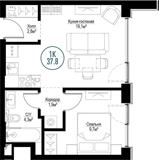 1-комнатная квартира с частичной отделкой, 37.8 м2, 5 этаж, сдача 3 квартал 2024 г., ЖК Метрополия, корпус Singapore - объявление 2019478 - фото №1