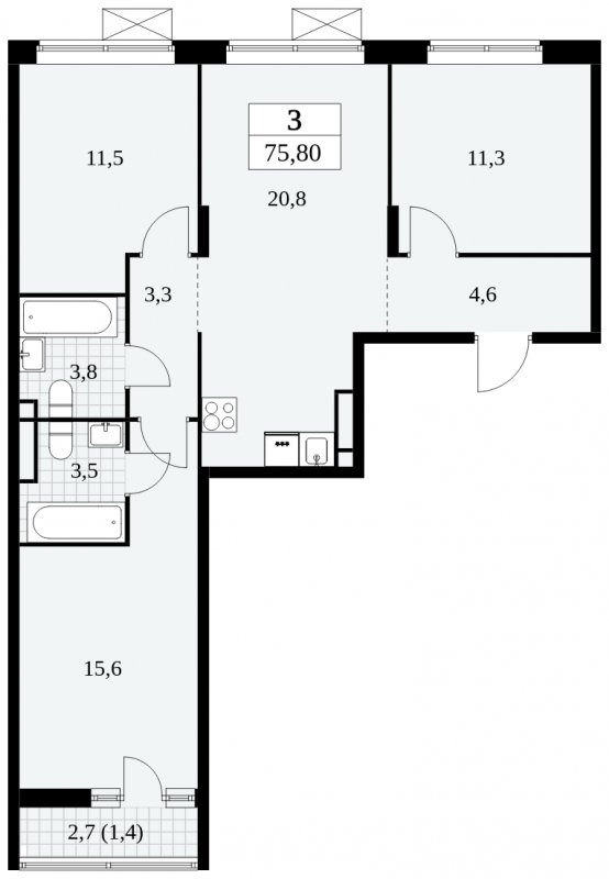 3-комнатная квартира без отделки, 75.8 м2, 9 этаж, сдача 3 квартал 2024 г., ЖК Прокшино, корпус 8.5 - объявление 1684214 - фото №1