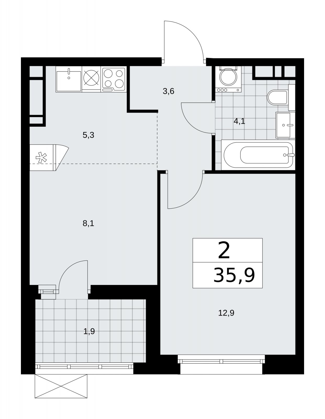 2-комнатная квартира (евро) с частичной отделкой, 35.9 м2, 11 этаж, сдача 2 квартал 2026 г., ЖК Скандинавия, корпус 25.2 - объявление 2283548 - фото №1