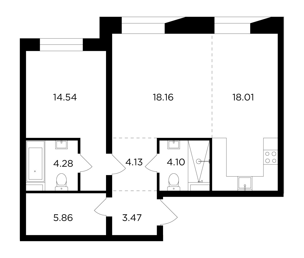 2-комнатная квартира без отделки, 72.55 м2, 14 этаж, дом сдан, ЖК FORIVER, корпус 8 - объявление 2351937 - фото №1