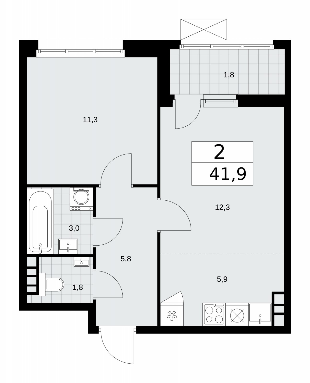 2-комнатная квартира (евро) с частичной отделкой, 41.9 м2, 9 этаж, сдача 2 квартал 2026 г., ЖК Дзен-кварталы, корпус 4.1 - объявление 2251429 - фото №1