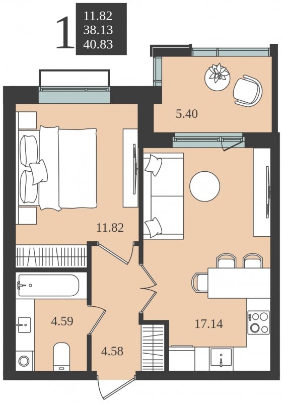 1-комнатная квартира без отделки, 40.83 м2, 5 этаж, сдача 1 квартал 2024 г., ЖК Мишино-2, корпус 7 - объявление 1812157 - фото №1