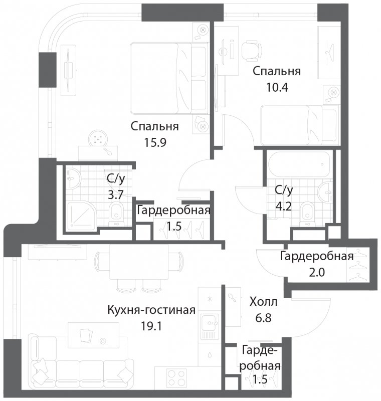 2-комнатная квартира без отделки, 65.1 м2, 9 этаж, сдача 3 квартал 2025 г., ЖК Nagatino i-Land, корпус 2 (3 очередь) - объявление 1786802 - фото №1