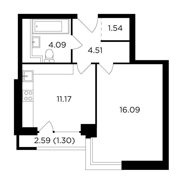 1-комнатная квартира без отделки, 38.7 м2, 16 этаж, дом сдан, ЖК RiverSky, корпус 7 - объявление 1528947 - фото №1