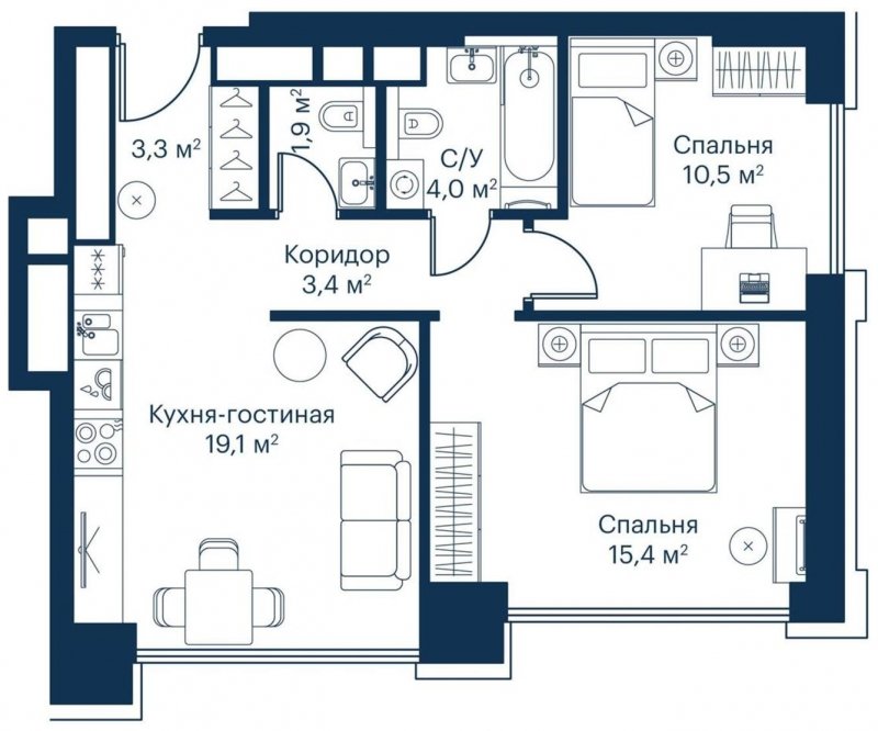 2-комнатная квартира с частичной отделкой, 58.39 м2, 49 этаж, сдача 2 квартал 2024 г., ЖК City Bay, корпус Indian Ocean 1 - объявление 1671480 - фото №1