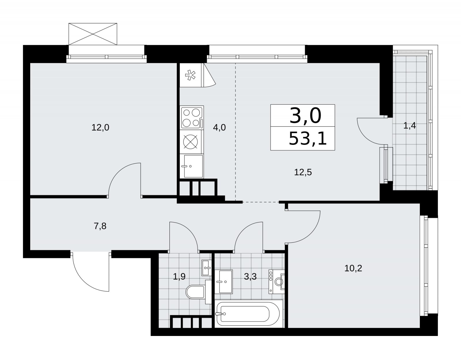 3-комнатная квартира (евро) с частичной отделкой, 53.1 м2, 11 этаж, сдача 2 квартал 2026 г., ЖК Прокшино, корпус 10.1.4 - объявление 2227552 - фото №1