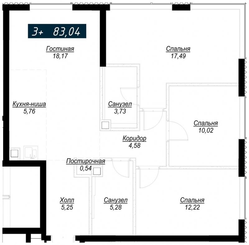 3-комнатная квартира с частичной отделкой, 83.04 м2, 34 этаж, сдача 4 квартал 2022 г., ЖК Селигер Сити, корпус Ван Гог - объявление 1709451 - фото №1