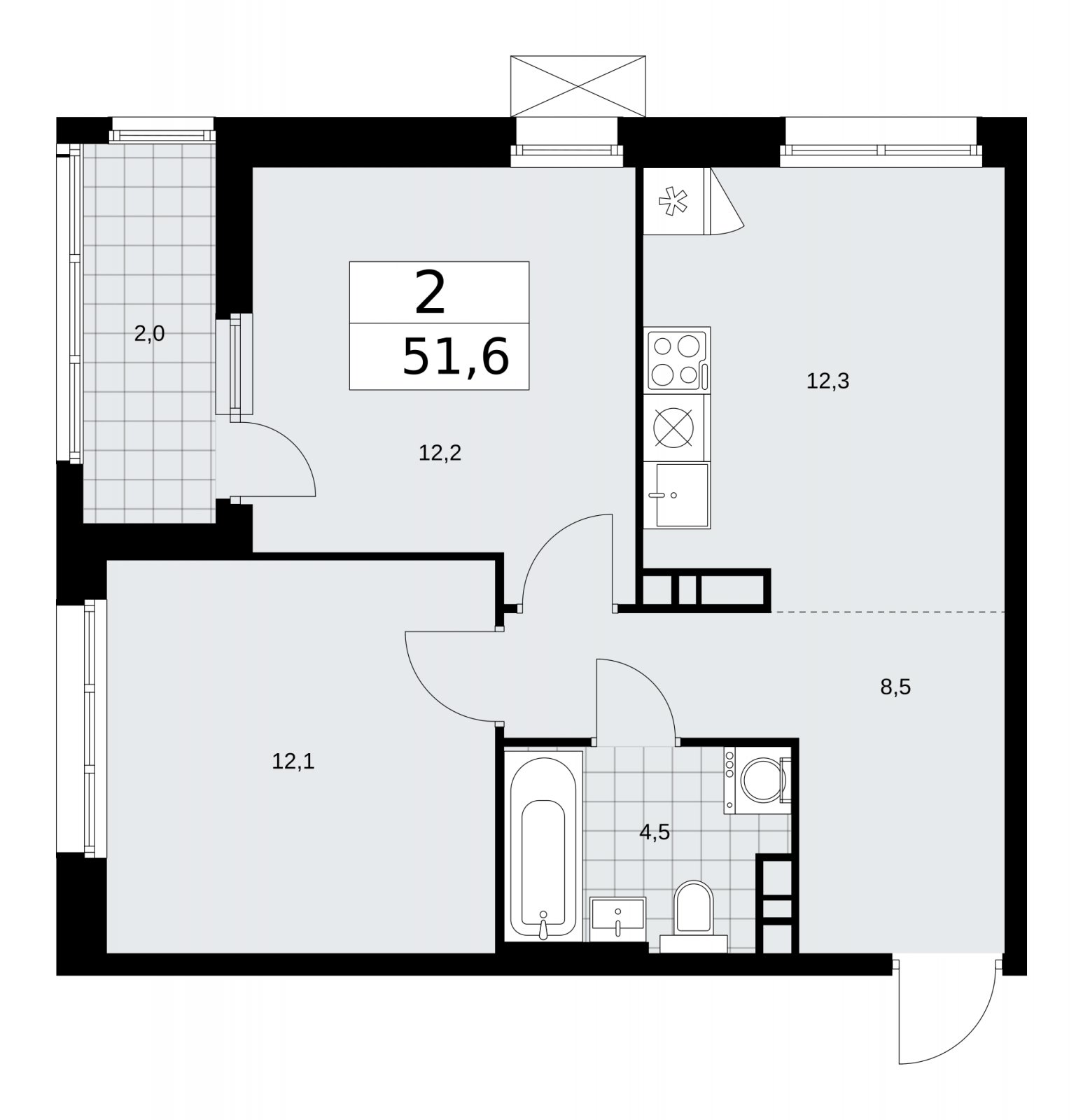 2-комнатная квартира с частичной отделкой, 51.6 м2, 6 этаж, сдача 2 квартал 2026 г., ЖК Дзен-кварталы, корпус 4.1 - объявление 2251451 - фото №1