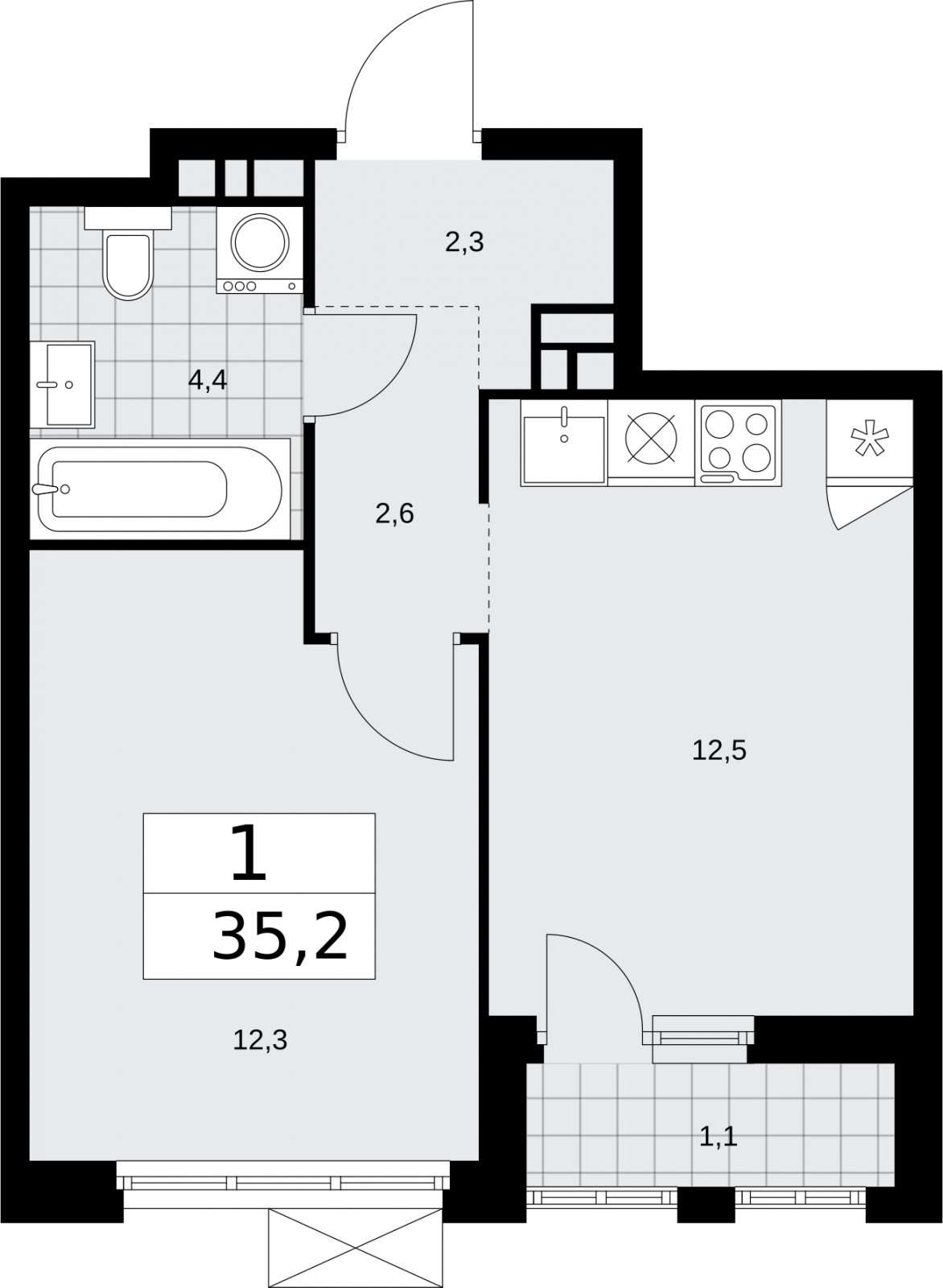 1-комнатная квартира с частичной отделкой, 35.2 м2, 6 этаж, сдача 2 квартал 2026 г., ЖК Бунинские кварталы, корпус 5.1 - объявление 2330690 - фото №1