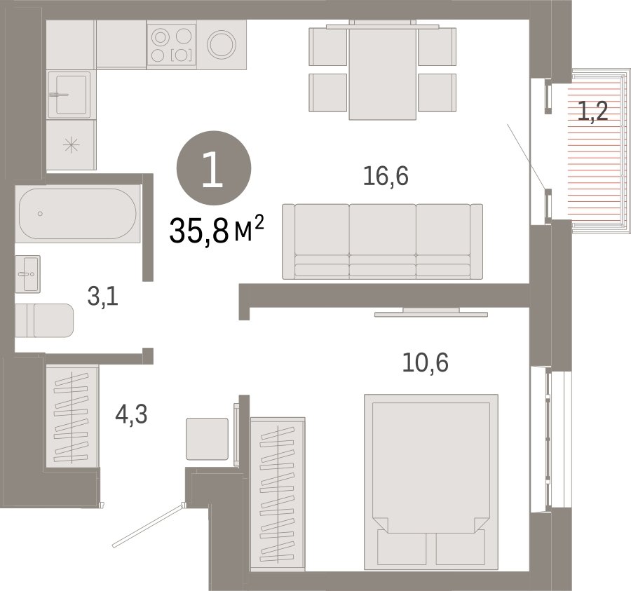 1-комнатная квартира с частичной отделкой, 35.8 м2, 23 этаж, сдача 3 квартал 2026 г., ЖК Квартал Метроном, корпус 1 - объявление 2300758 - фото №1