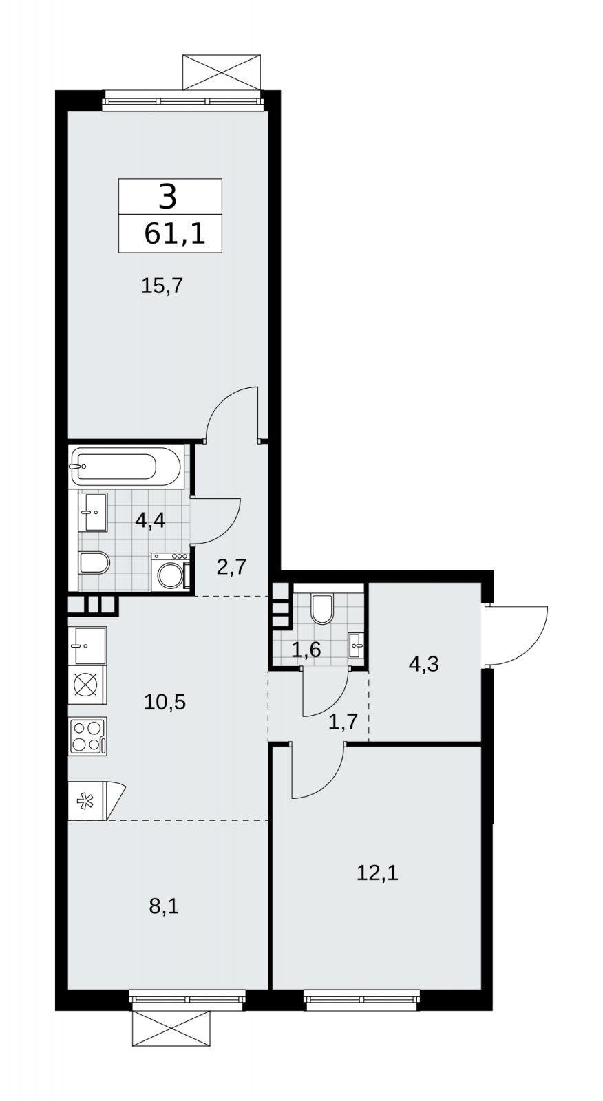 3-комнатная квартира (евро) без отделки, 61.1 м2, 3 этаж, сдача 1 квартал 2026 г., ЖК Прокшино, корпус 11.2.1 - объявление 2269838 - фото №1