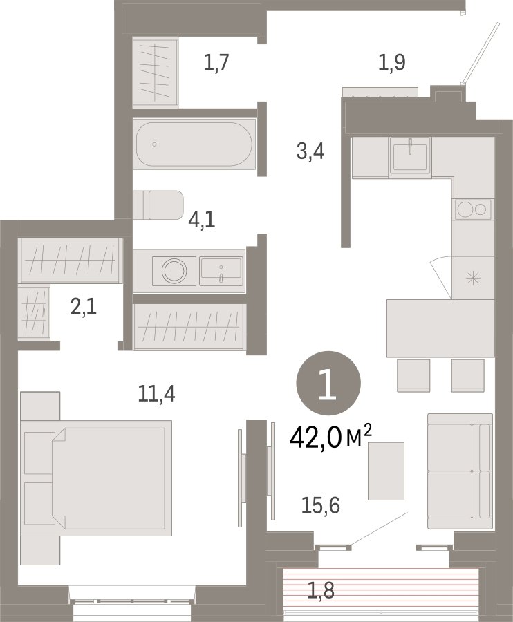 1-комнатная квартира с частичной отделкой, 42 м2, 13 этаж, сдача 3 квартал 2026 г., ЖК Квартал Метроном, корпус 1 - объявление 2300605 - фото №1