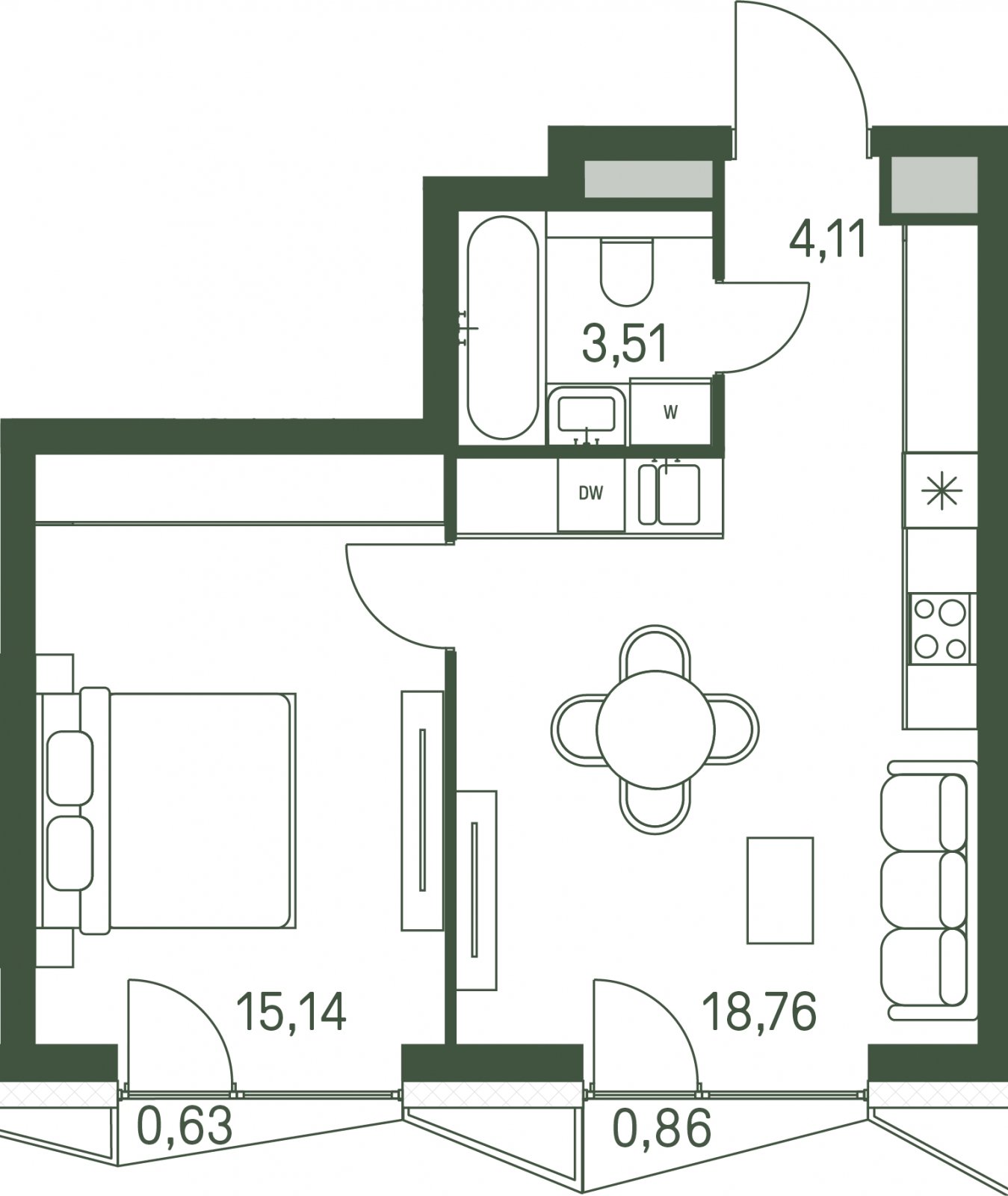 1-комнатная квартира с частичной отделкой, 41.97 м2, 17 этаж, сдача 3 квартал 2025 г., ЖК Moments, корпус 1 - объявление 2155005 - фото №1