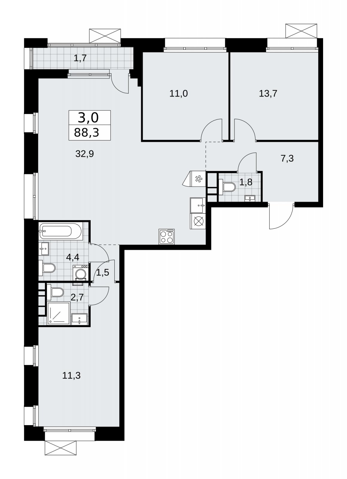 3-комнатная квартира с частичной отделкой, 88.3 м2, 6 этаж, сдача 1 квартал 2026 г., ЖК Бунинские кварталы, корпус 6.3 - объявление 2252631 - фото №1