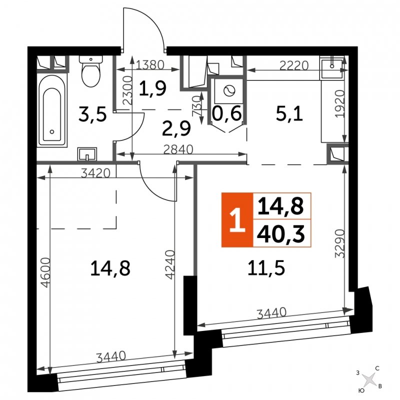 1-комнатная квартира с частичной отделкой, 40.3 м2, 14 этаж, сдача 4 квартал 2024 г., ЖК ROTTERDAM, корпус 2.1 - объявление 1835471 - фото №1