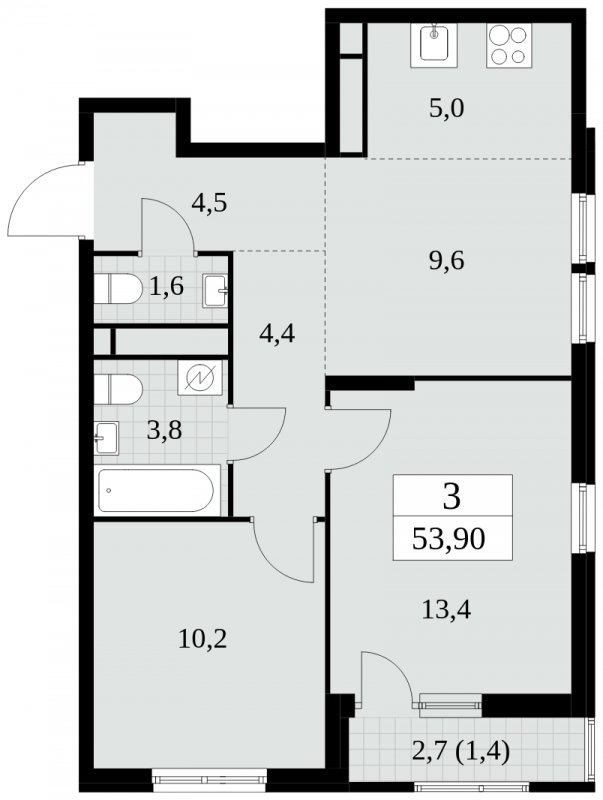3-комнатная квартира (евро) без отделки, 53.9 м2, 3 этаж, сдача 2 квартал 2025 г., ЖК Южные сады, корпус 2.3 - объявление 1758039 - фото №1