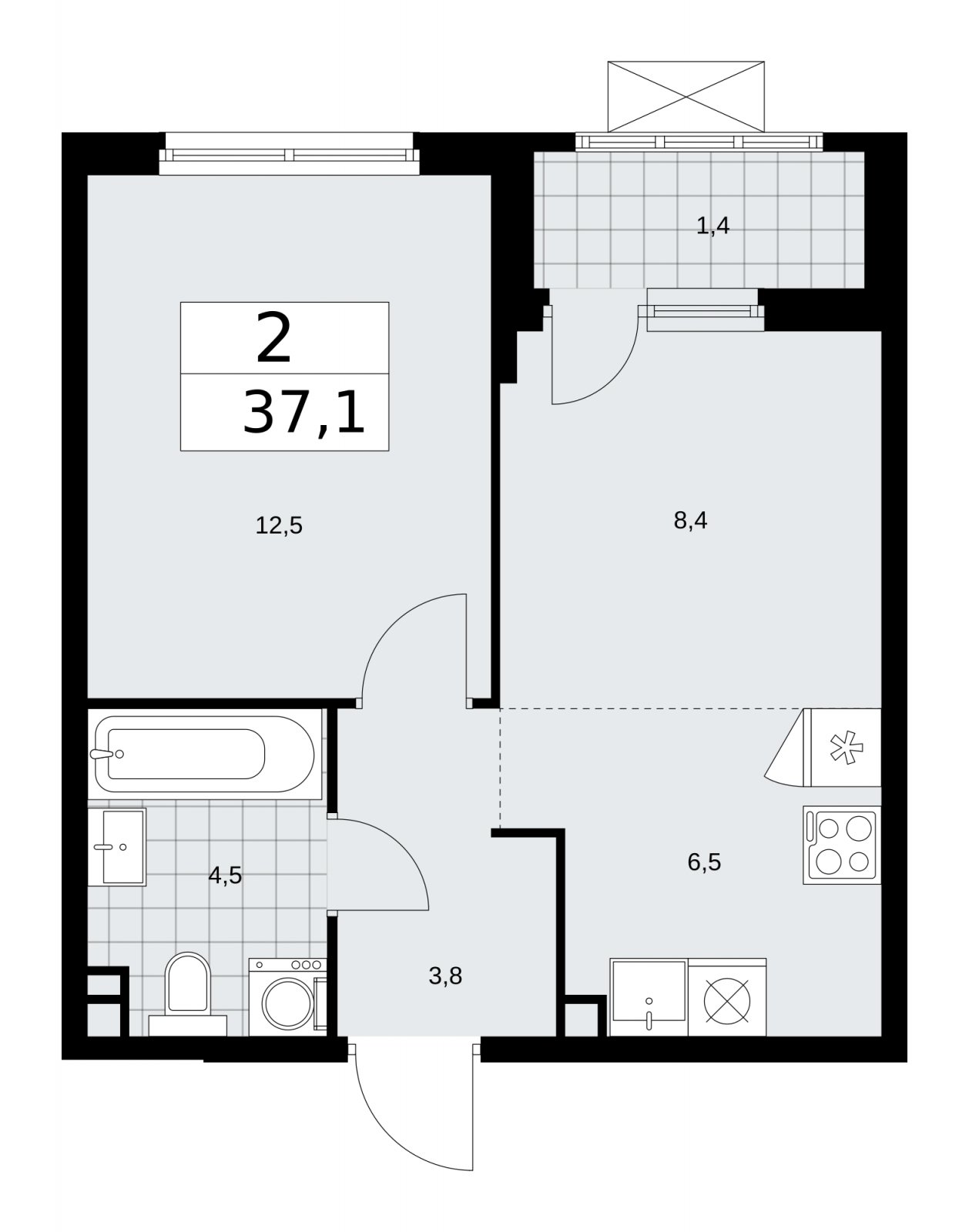 2-комнатная квартира (евро) без отделки, 37.1 м2, 2 этаж, сдача 1 квартал 2026 г., ЖК Прокшино, корпус 11.2.2 - объявление 2270042 - фото №1