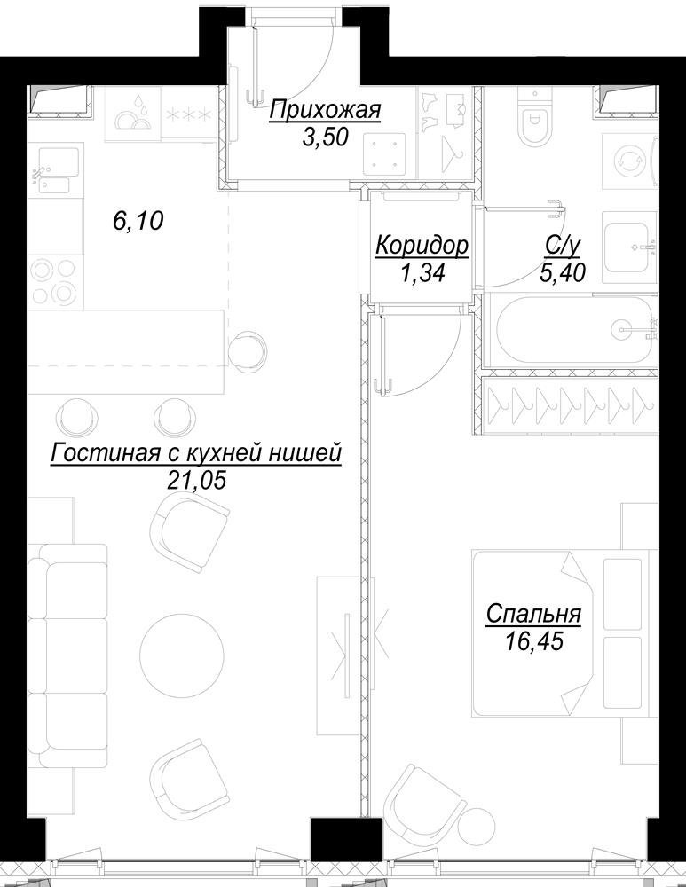 1-комнатная квартира с частичной отделкой, 53.79 м2, 2 этаж, дом сдан, ЖК Hide, корпус WestDale - объявление 2335879 - фото №1