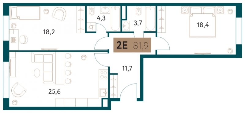 2-комнатная квартира 81.9 м2, 3 этаж, сдача 4 квартал 2022 г., ЖК Настоящее, корпус 4 - объявление 1284097 - фото №1