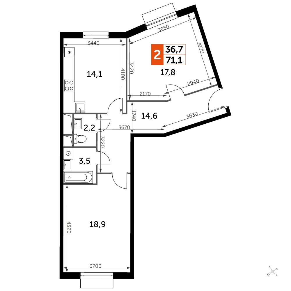 2-комнатная квартира без отделки, 71.1 м2, 11 этаж, сдача 3 квартал 2023 г., ЖК UP-квартал Римский, корпус 7 - объявление 2208552 - фото №1