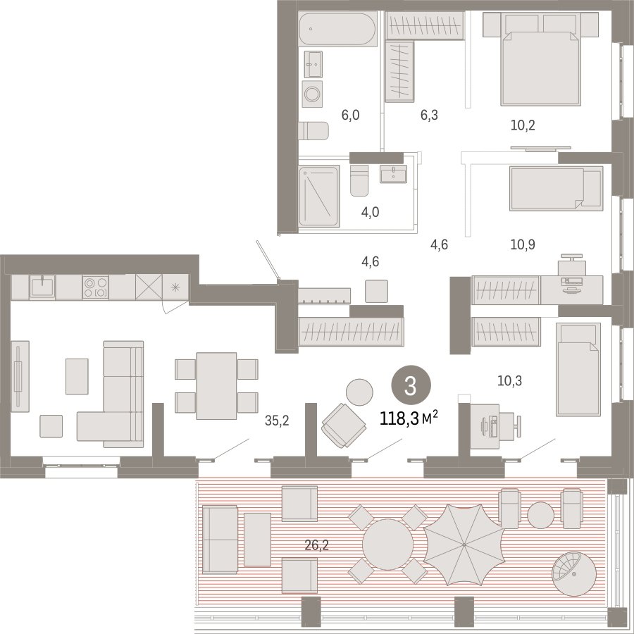 3-комнатная квартира с частичной отделкой, 118.3 м2, 14 этаж, сдача 3 квартал 2026 г., ЖК Квартал Метроном, корпус 1 - объявление 2300604 - фото №1