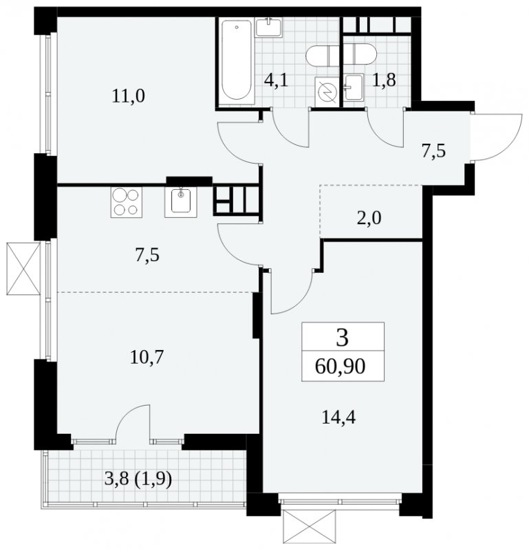 3-комнатная квартира (евро) без отделки, 60.9 м2, 12 этаж, сдача 1 квартал 2025 г., ЖК Скандинавия, корпус 2.27.2 - объявление 1840409 - фото №1