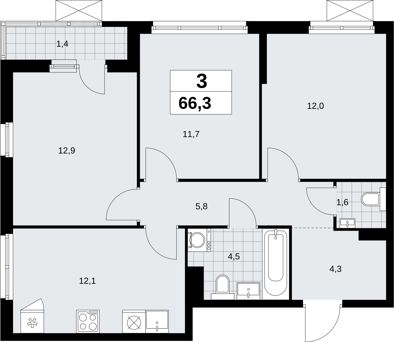 3-комнатная квартира без отделки, 66.3 м2, 3 этаж, сдача 2 квартал 2026 г., ЖК Дзен-кварталы, корпус 6.1.1 - объявление 2326948 - фото №1