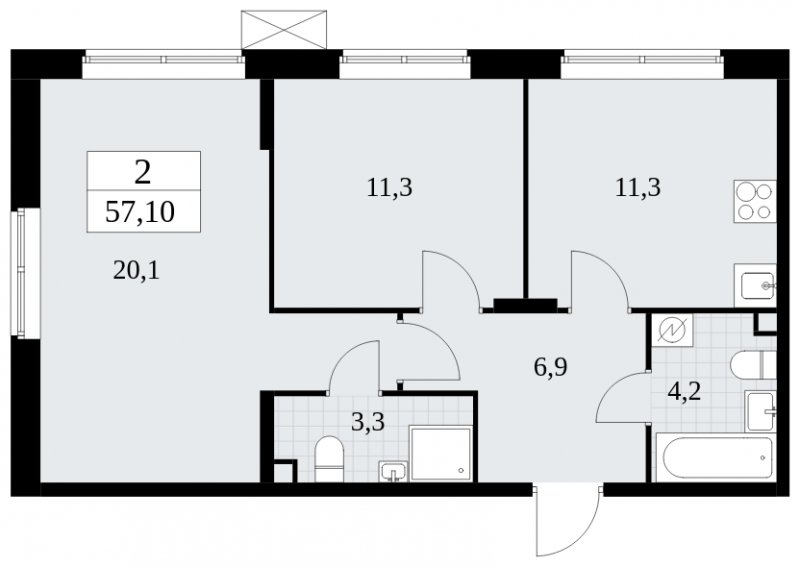 2-комнатная квартира без отделки, 57.1 м2, 2 этаж, сдача 1 квартал 2025 г., ЖК Прокшино, корпус 5.2.3 - объявление 1751290 - фото №1