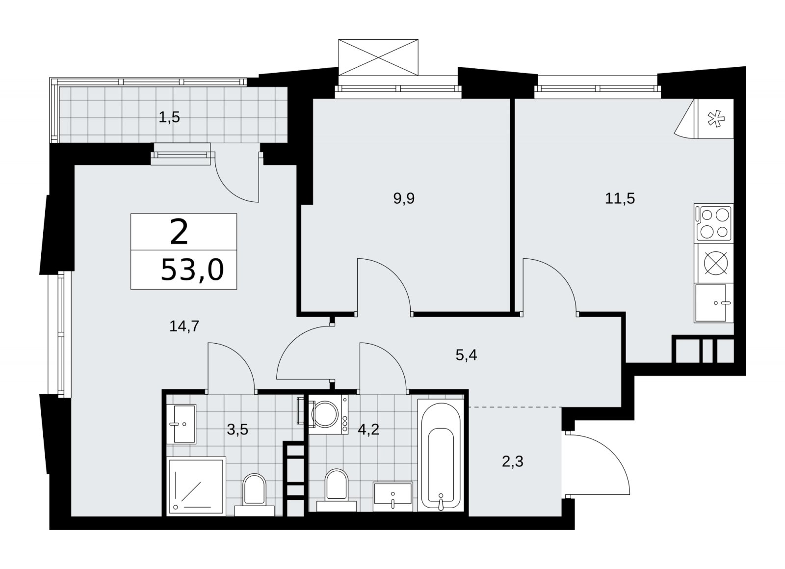 2-комнатная квартира с частичной отделкой, 53 м2, 16 этаж, сдача 1 квартал 2026 г., ЖК Прокшино, корпус 11.1.2 - объявление 2257330 - фото №1