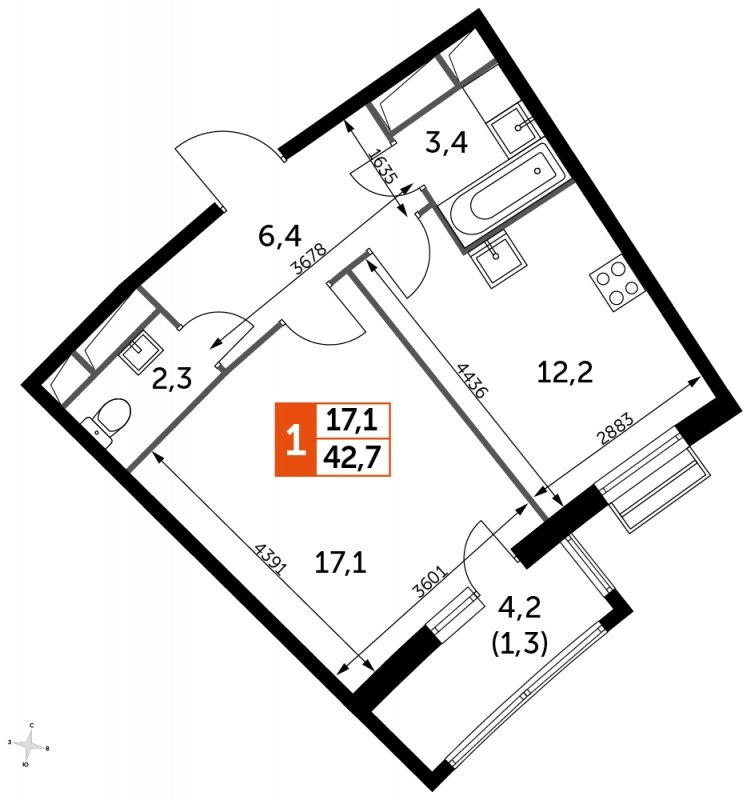 1-комнатная квартира без отделки, 42.7 м2, 8 этаж, сдача 3 квартал 2023 г., ЖК UP-квартал Римский, корпус 7 - объявление 1580362 - фото №1