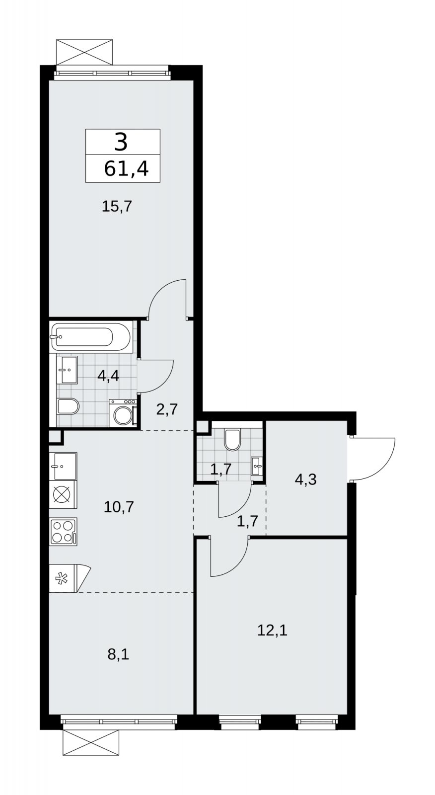 3-комнатная квартира (евро) без отделки, 61.4 м2, 2 этаж, сдача 1 квартал 2026 г., ЖК Прокшино, корпус 11.2.1 - объявление 2269833 - фото №1