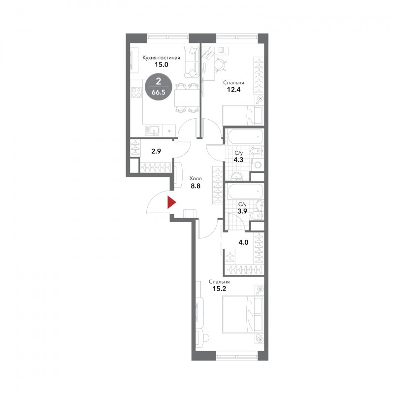 2-комнатная квартира без отделки, 66.5 м2, 6 этаж, сдача 3 квартал 2025 г., ЖК VOXHALL, корпус 2 - объявление 1808932 - фото №1