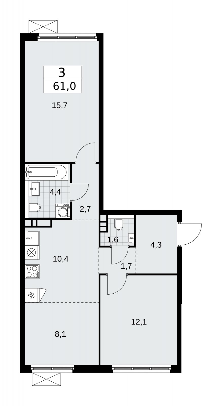 3-комнатная квартира (евро) без отделки, 61 м2, 4 этаж, сдача 1 квартал 2026 г., ЖК Прокшино, корпус 11.2.1 - объявление 2269843 - фото №1