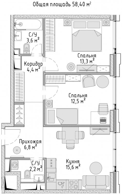 2-комнатная квартира с частичной отделкой, 58.64 м2, 18 этаж, сдача 2 квартал 2023 г., ЖК City Bay, корпус Indian Ocean 4 - объявление 1671482 - фото №1