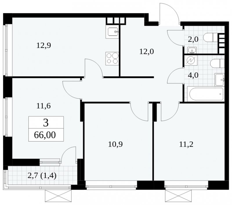 3-комнатная квартира без отделки, 66 м2, 4 этаж, сдача 1 квартал 2025 г., ЖК Прокшино, корпус 5.2.1 - объявление 1750956 - фото №1