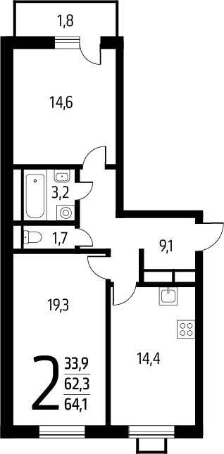 2-комнатная квартира с полной отделкой, 64.1 м2, 2 этаж, сдача 1 квартал 2025 г., ЖК Новые Ватутинки. Заречный, корпус 5/2 - объявление 2272064 - фото №1
