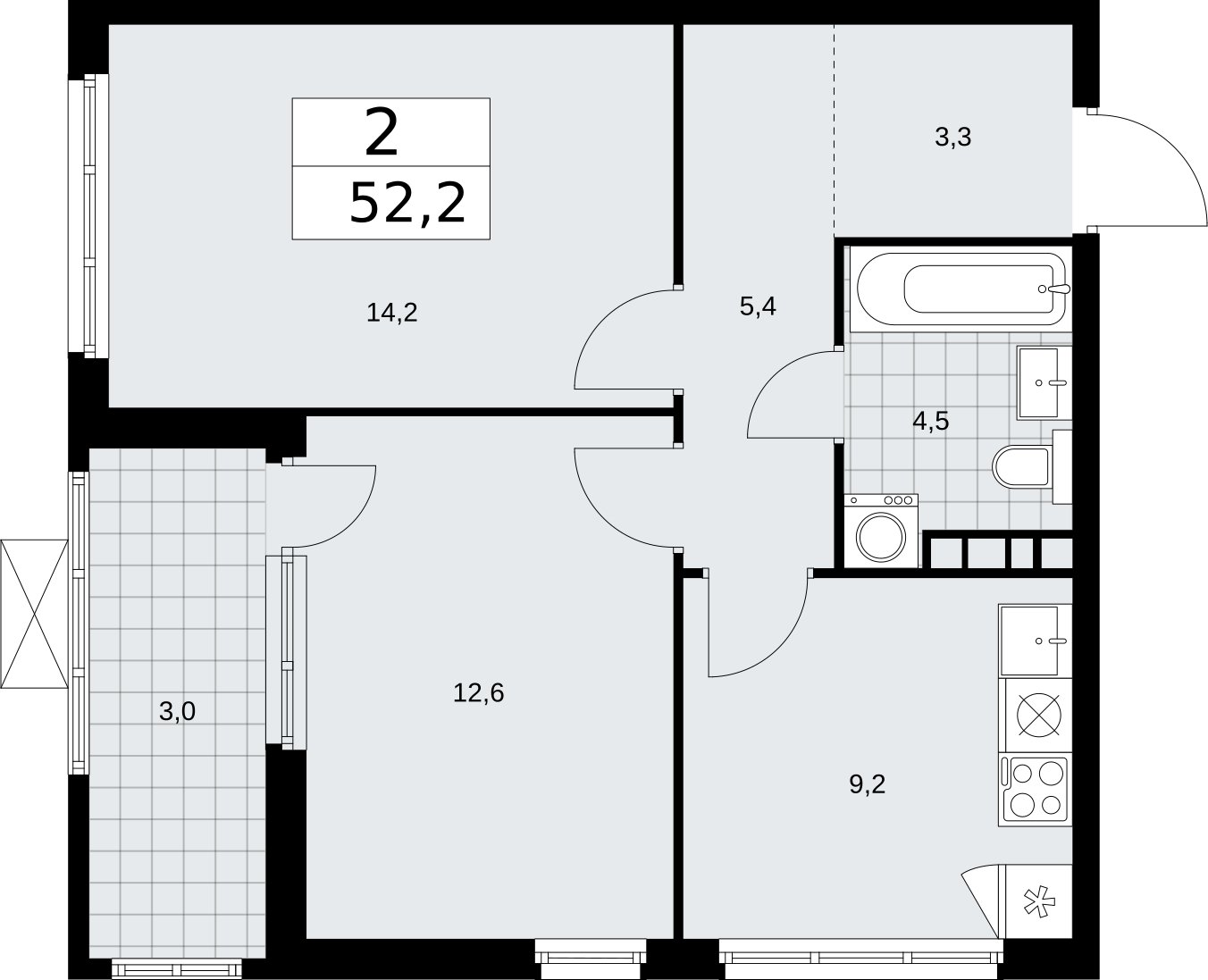 2-комнатная квартира без отделки, 52.2 м2, 10 этаж, сдача 2 квартал 2026 г., ЖК Бунинские кварталы, корпус 5.3 - объявление 2297577 - фото №1
