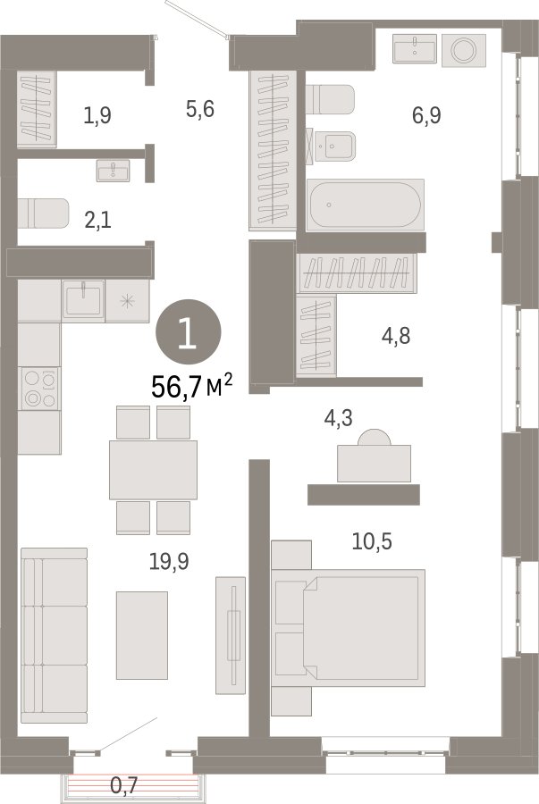 1-комнатная квартира 56.7 м2, 25 этаж, сдача 3 квартал 2026 г., ЖК Квартал Метроном, корпус 1 - объявление 2396843 - фото №1