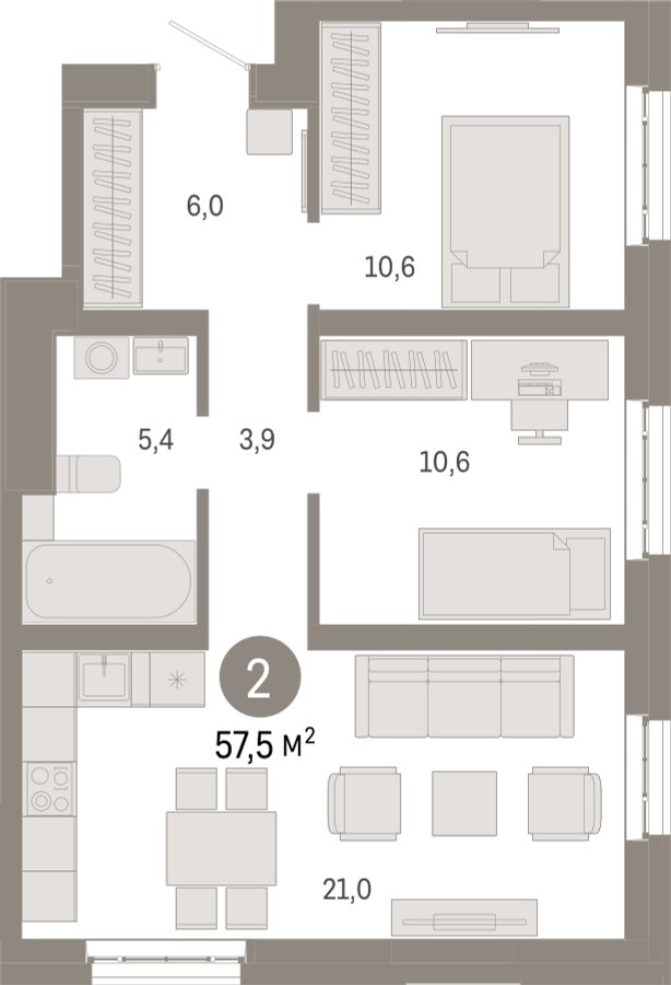 2-комнатная квартира с частичной отделкой, 57.5 м2, 10 этаж, сдача 3 квартал 2026 г., ЖК Квартал Метроном, корпус 1 - объявление 2358215 - фото №1