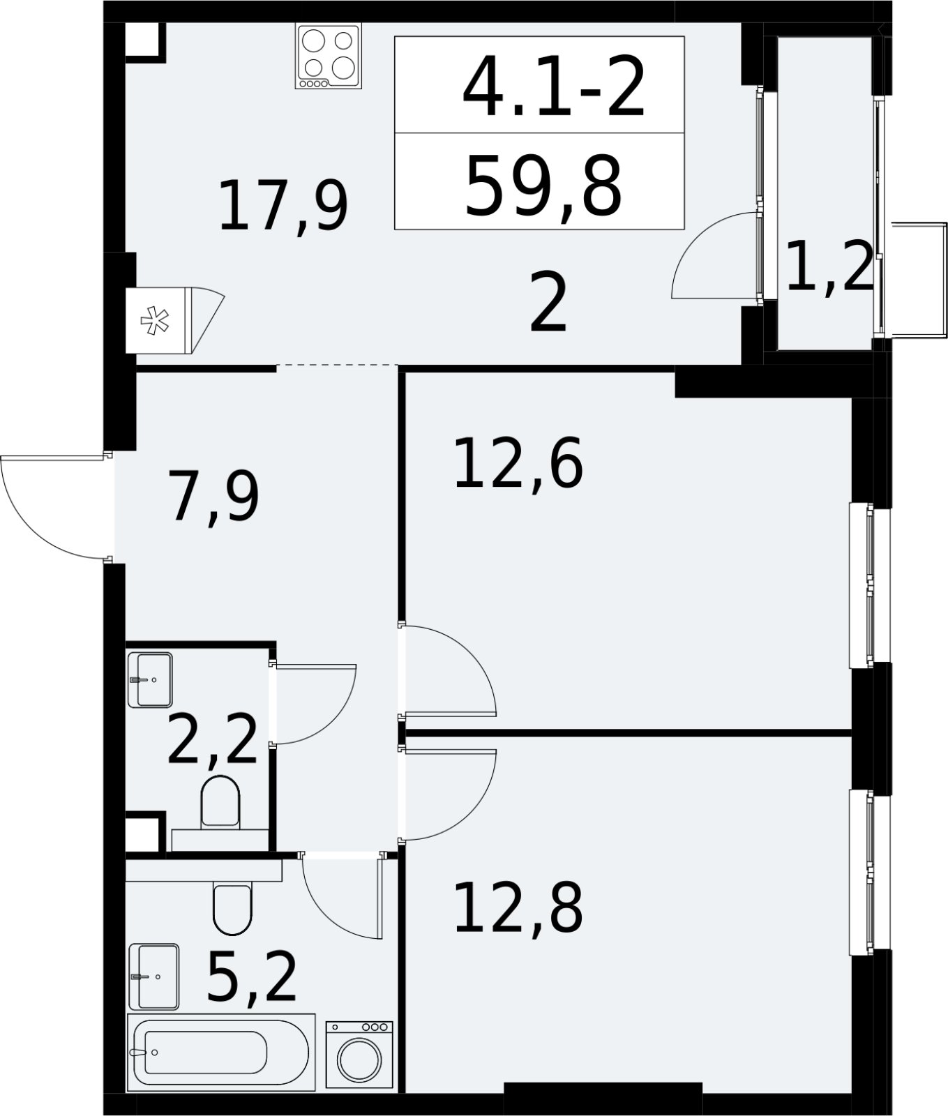 2-комнатная квартира с полной отделкой, 59.8 м2, 2 этаж, сдача 2 квартал 2027 г., ЖК Южные сады, корпус 4.1.1 - объявление 2392546 - фото №1