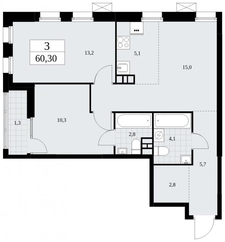 3-комнатная квартира (евро) без отделки, 60.3 м2, 5 этаж, сдача 1 квартал 2025 г., ЖК Дзен-кварталы, корпус 1.3 - объявление 1895837 - фото №1