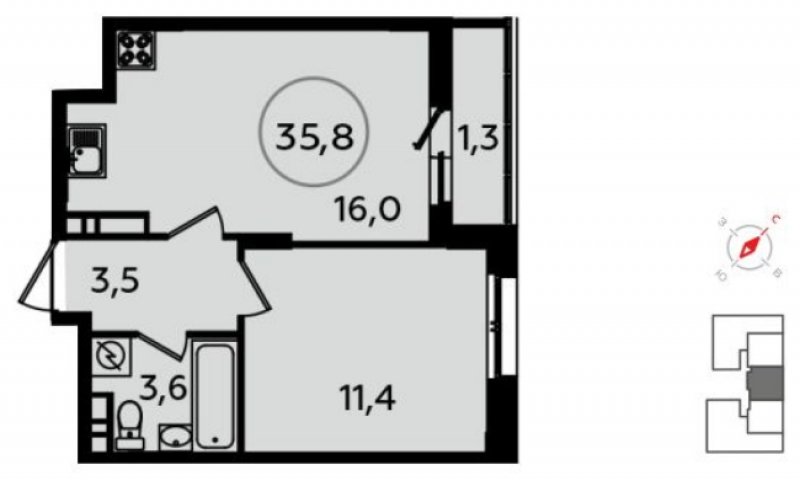 1-комнатная квартира без отделки, 35.6 м2, 14 этаж, дом сдан, ЖК Скандинавия, корпус 13.1 - объявление 1744491 - фото №1