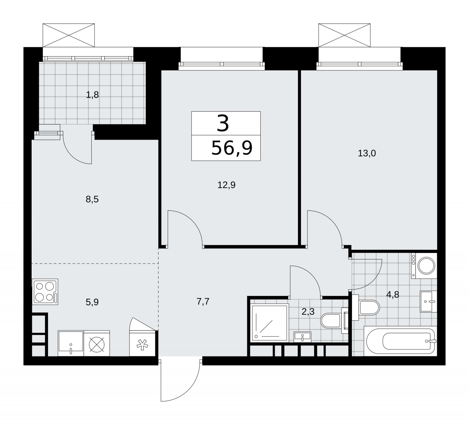 3-комнатная квартира (евро) без отделки, 56.9 м2, 17 этаж, сдача 4 квартал 2025 г., ЖК Бунинские кварталы, корпус 6.5 - объявление 2252878 - фото №1