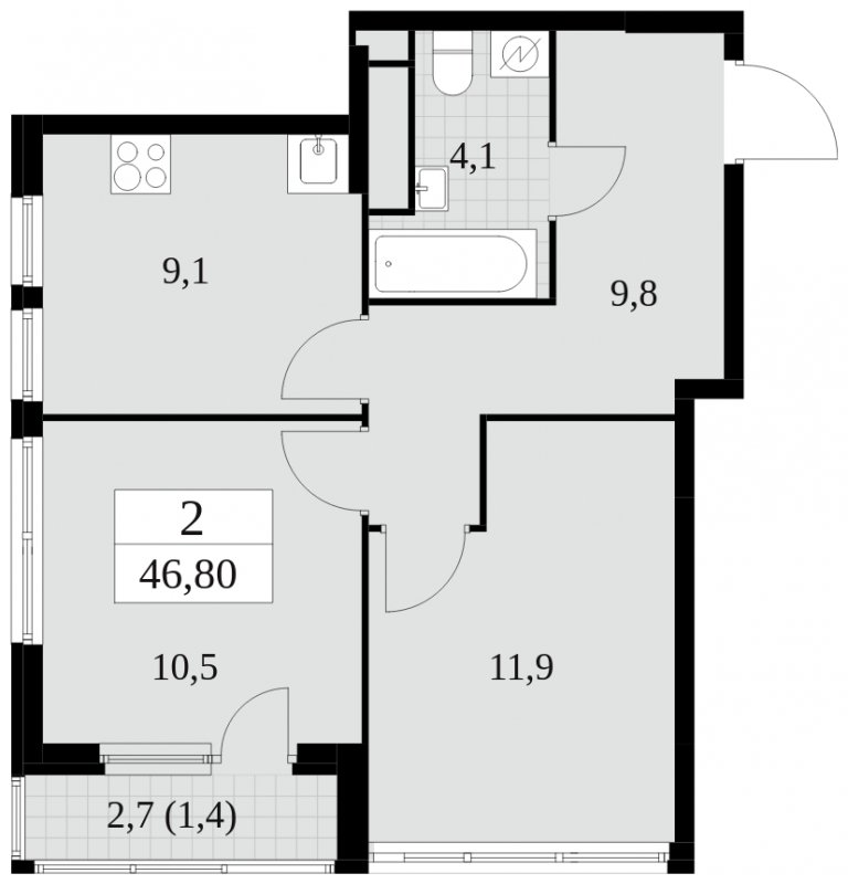 2-комнатная квартира без отделки, 46.8 м2, 27 этаж, сдача 2 квартал 2025 г., ЖК Южные сады, корпус 2.3 - объявление 1758411 - фото №1