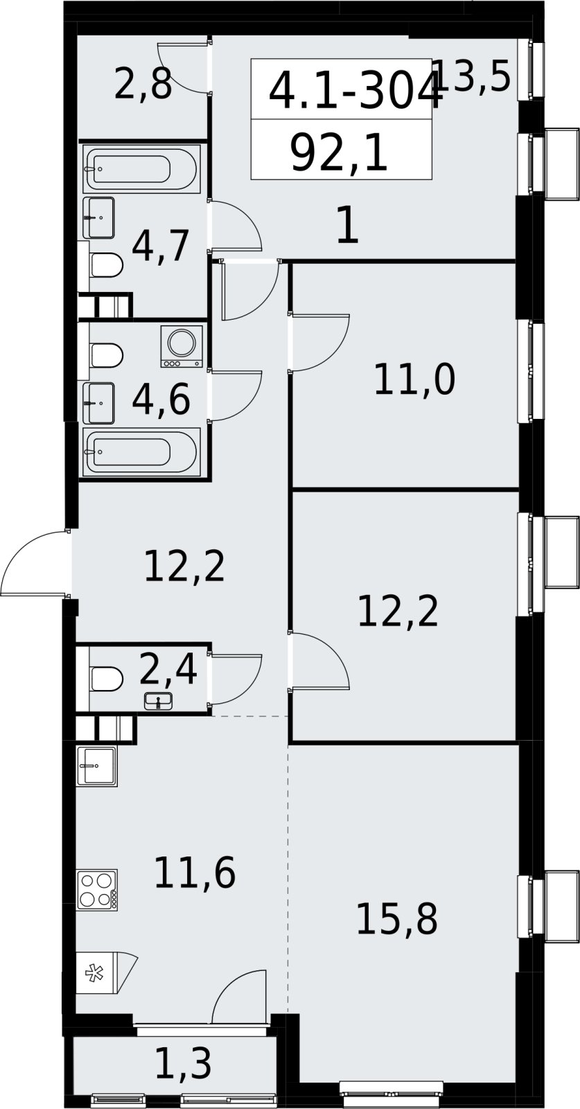 4-комнатная квартира (евро) с полной отделкой, 92.1 м2, 9 этаж, сдача 2 квартал 2027 г., ЖК Южные сады, корпус 4.1.2 - объявление 2392812 - фото №1